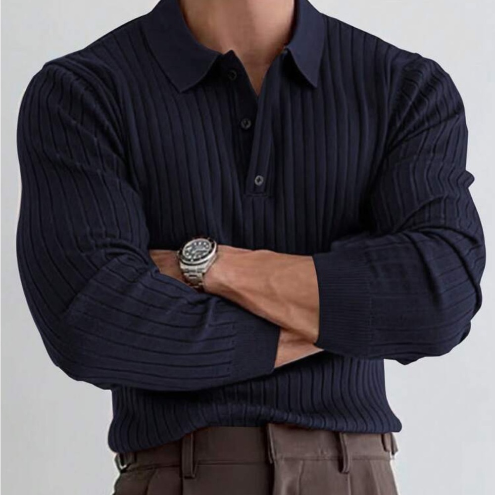 Hypemode Men's Solid Ribbed Long Sleeve Polo Shirt